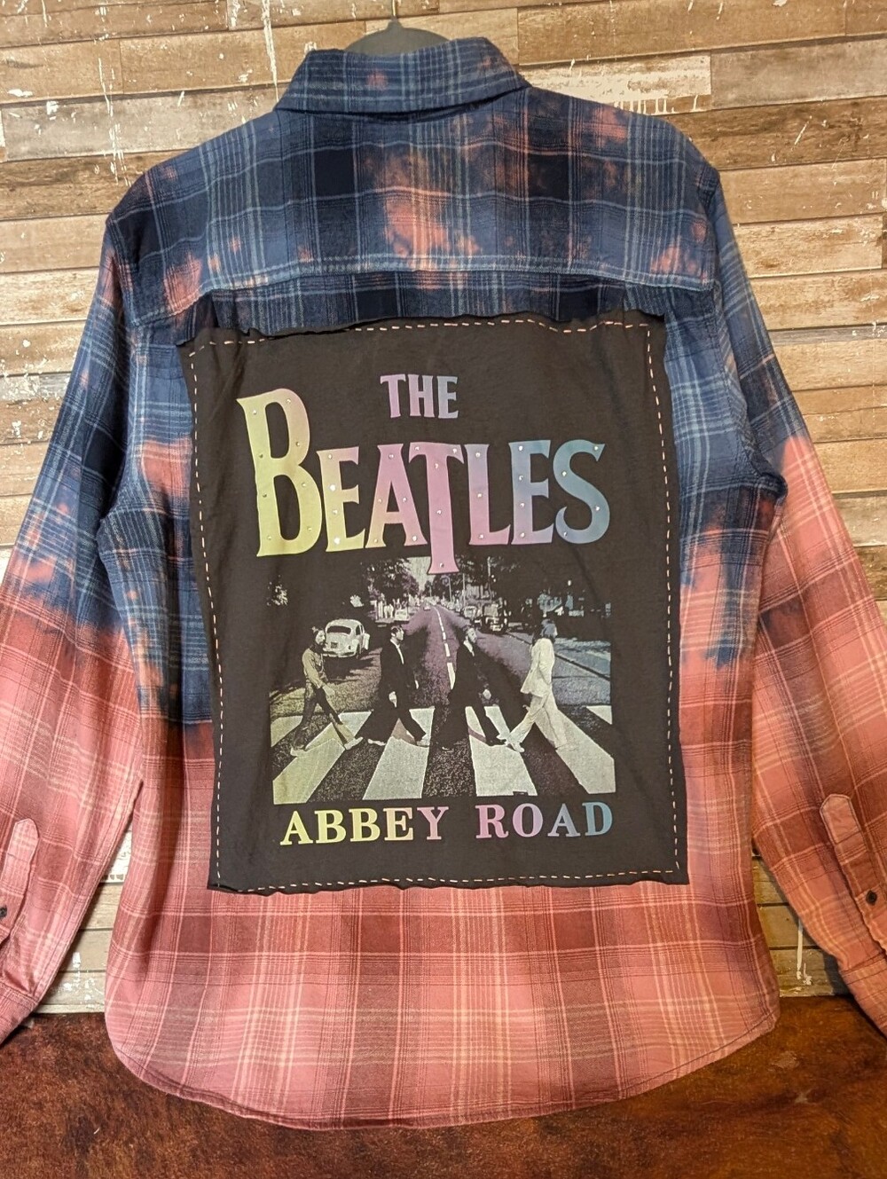 The Beatles Abbey Road W Rhinestone Graphic Upcycled Flannel Shirt